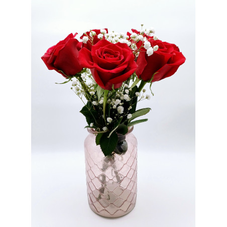 5 roses 70cm + un gypsophile